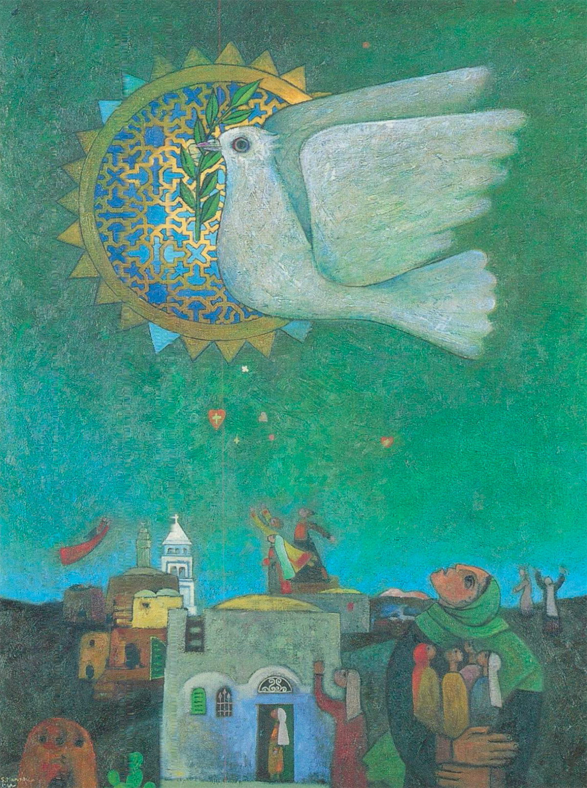 بطاقة بريدية تحمل لوحة للفنان سليمان منصور بعنوان “Women’s World Day of Prayer”، أصدرت عام 1994
